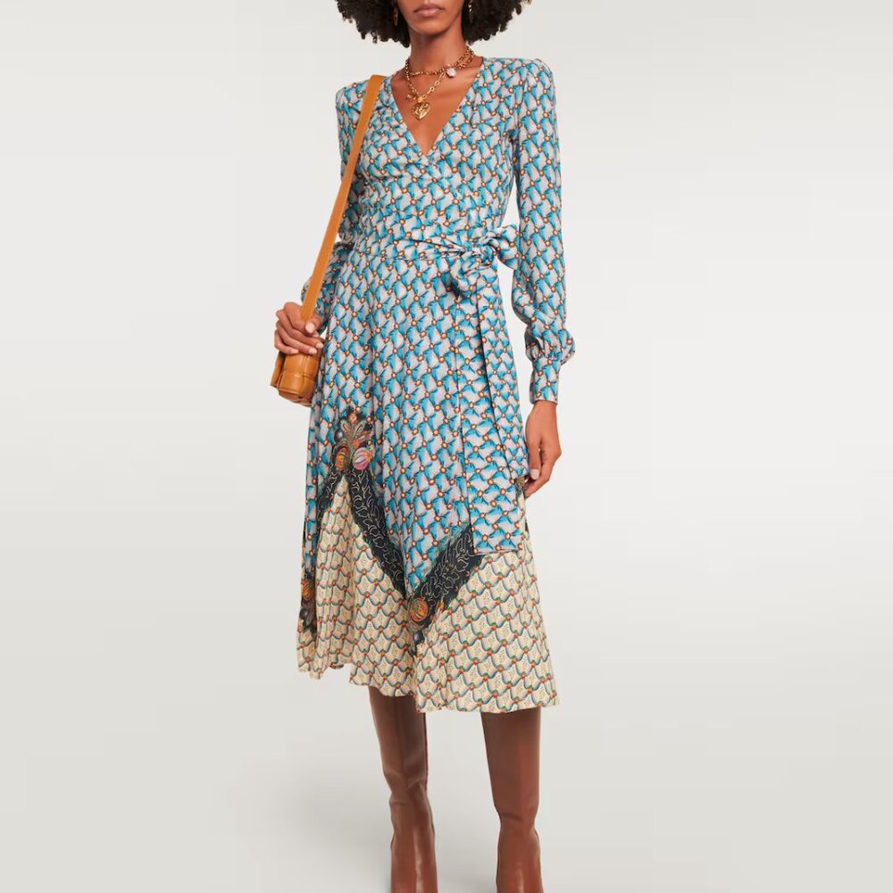 Etro PF/23 Azzurro Floralia Crepe Midi Wrap Dress